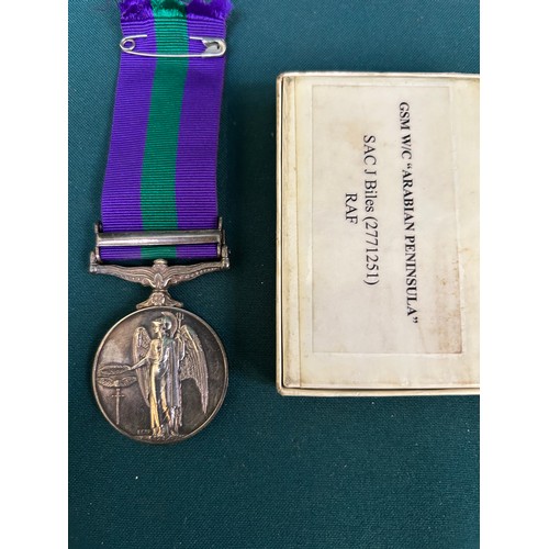 123 - A General Service Medal with Arabian Peninsula (1957 - 62) Clasp awarded to Senior Aircraftman J Bil... 