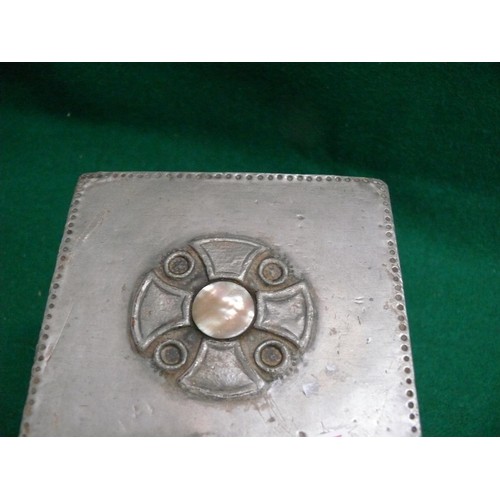 64 - SQUARE PEWTER TEA CADDY WITH MOTHER OF PEARL DETAIL