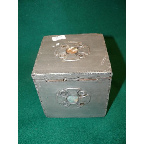 64 - SQUARE PEWTER TEA CADDY WITH MOTHER OF PEARL DETAIL