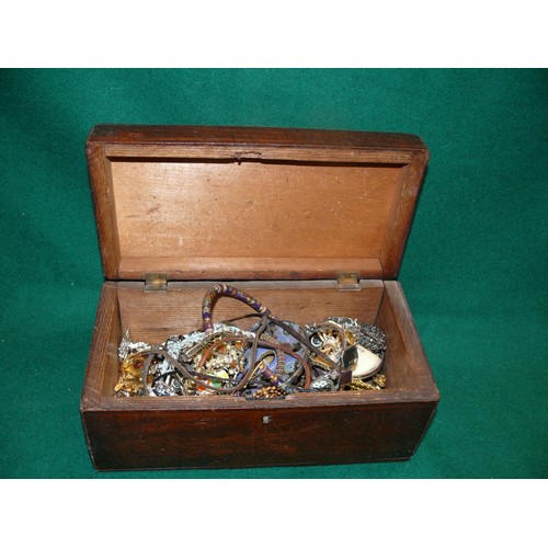 65 - WOODEN BOX WITH CONTENTS OF COSTUME JEWELLERY