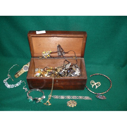 65 - WOODEN BOX WITH CONTENTS OF COSTUME JEWELLERY