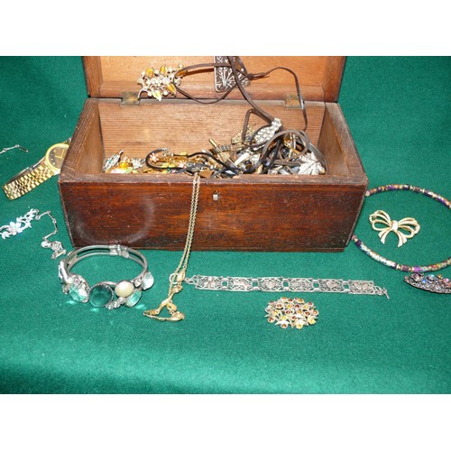 65 - WOODEN BOX WITH CONTENTS OF COSTUME JEWELLERY