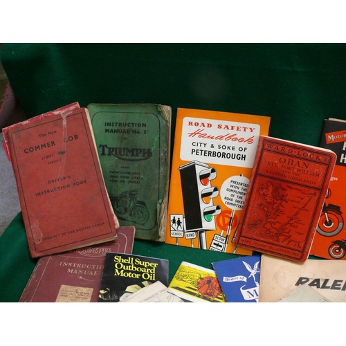 67 - VINTAGE MOTORCYCLE AND CAR MANUALS TRIUMPH, RALEIGH, CHAMOIS, AUSTIN 110 ETC