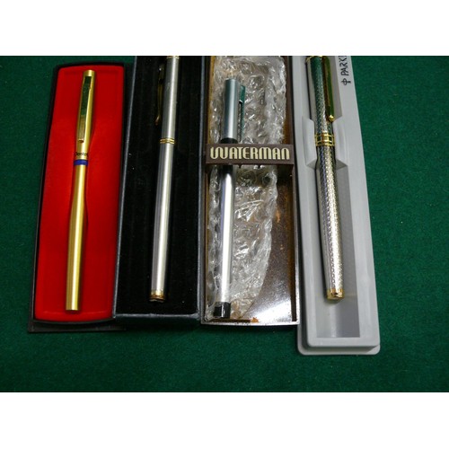 73 - A CASE OF 3 PARKER PENS ,A CASED PARKER PEN, A CASED WATERMAM PEN AND CASED PENTEL PEN PLUS A BOXED ... 