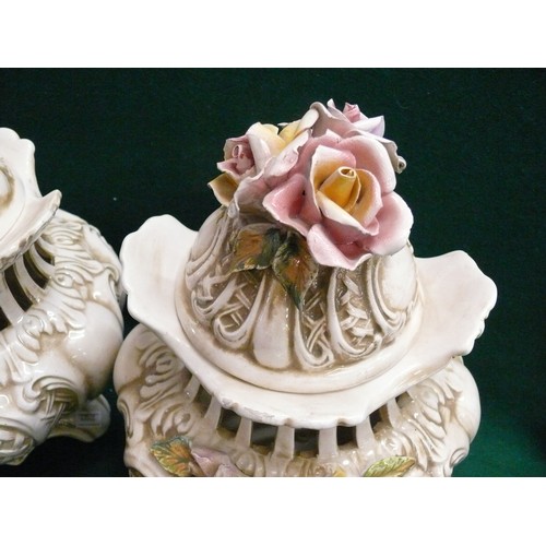 75 - A PAIR OF CAPODIMONTE PORCELAIN LIDDED VASE. DOES HAVE SMALL CHIPS TO THE LIDS BUT IN OVERALL GOOD C... 