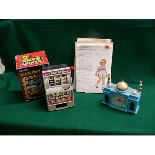 85 - RETRO LOT....SMALL WORKING  ONE ARMED BANDIT SLOT MACHINE, SMALL AZAN MOSQUE SHAPED CLOCK AND A SELE... 