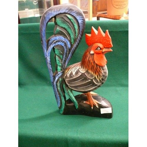 92 - A LOVELY PAINTED WOOD COCKEREL FIGURE