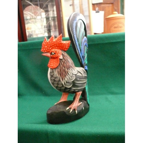 92 - A LOVELY PAINTED WOOD COCKEREL FIGURE