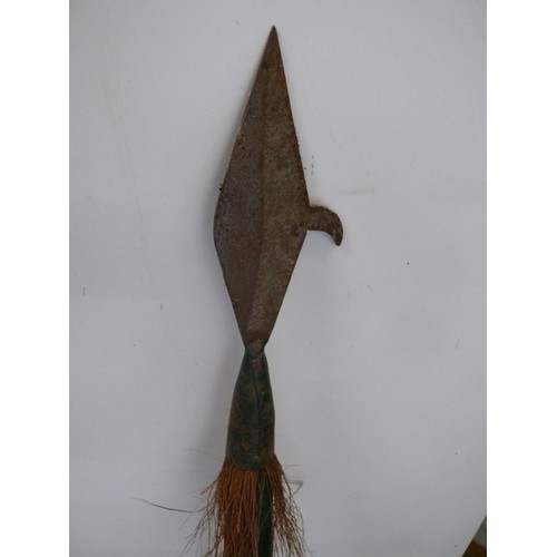 113 - AFRICAN SPEAR WITH CARVED WOODEN HANDLE AND METAL HOOKED SPEAR HEAD