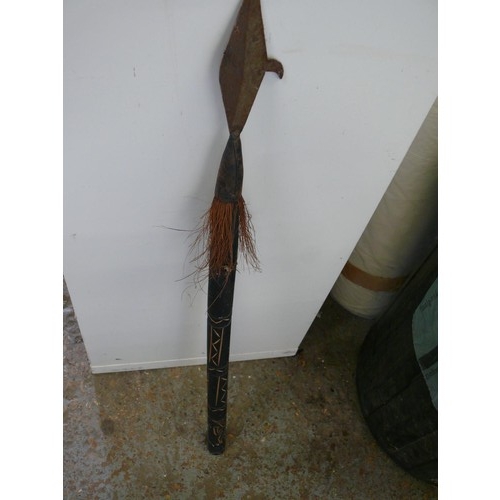 113 - AFRICAN SPEAR WITH CARVED WOODEN HANDLE AND METAL HOOKED SPEAR HEAD