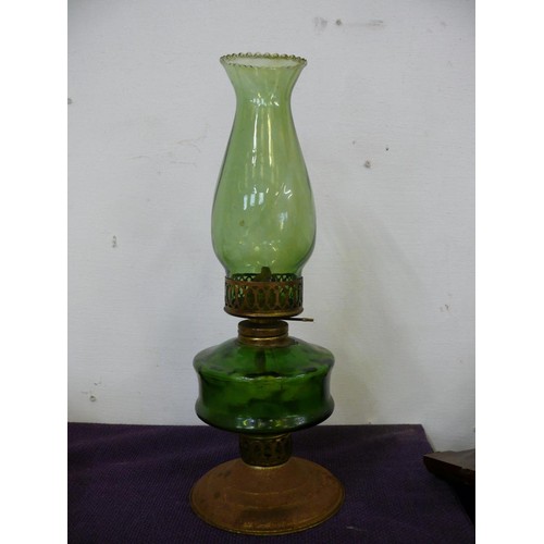 125 - VINTAGE GREEN GLASS AND BRASS OIL LAMP