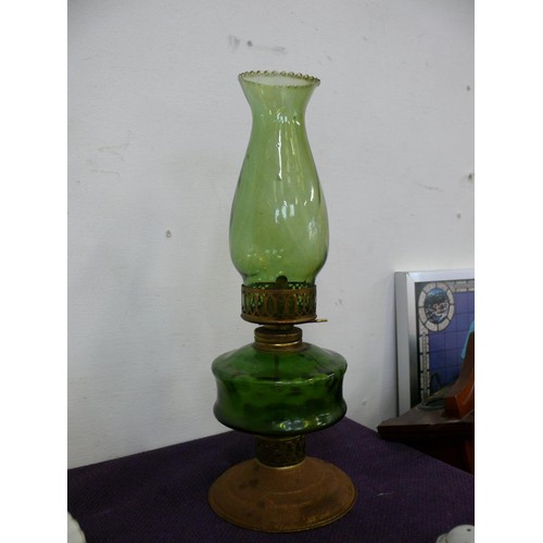 125 - VINTAGE GREEN GLASS AND BRASS OIL LAMP