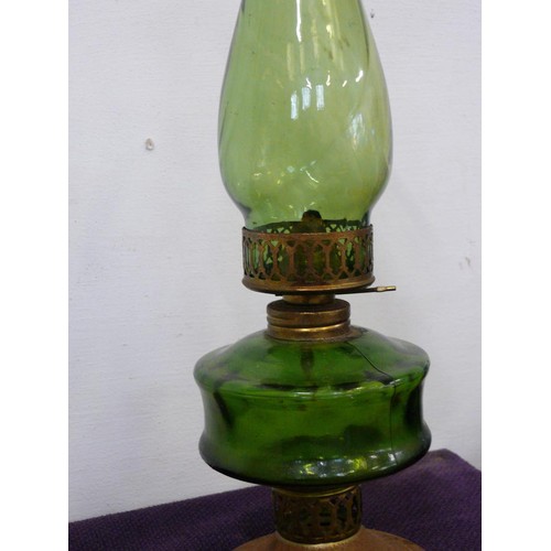 125 - VINTAGE GREEN GLASS AND BRASS OIL LAMP