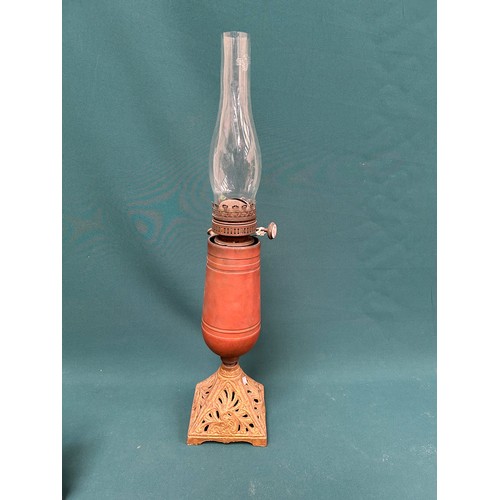 279 - Unusual Victorian Oil Lamp with brass font - a single brass burner, a wick raiser knob with porcelai... 