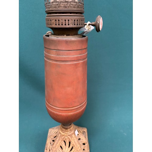 279 - Unusual Victorian Oil Lamp with brass font - a single brass burner, a wick raiser knob with porcelai... 