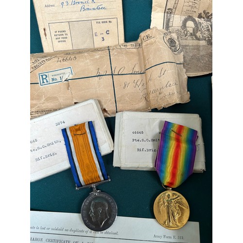 137 - Good Group of WW1 Medals and associated ephemera for Pte S O Smith, 46645 Rifle Brigade. Includes Br... 