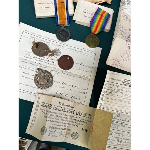 137 - Good Group of WW1 Medals and associated ephemera for Pte S O Smith, 46645 Rifle Brigade. Includes Br... 