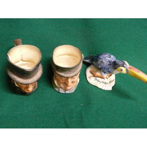 87 - 2 MINIATURE ROYAL DOULTON CHARACTER JUGS AND A COLOURFUL CERAMIC TOUCAN AVIFAUNA HOLLAND