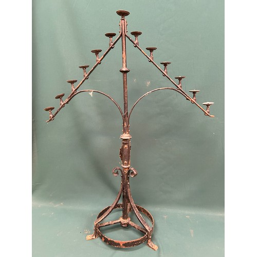 313 - Wrought iron candle stand for 13 candles - with brass sconce pans - probably first half of 20th Cent... 