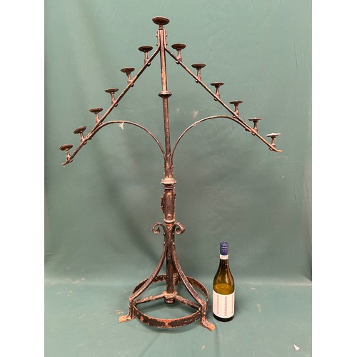 313 - Wrought iron candle stand for 13 candles - with brass sconce pans - probably first half of 20th Cent... 