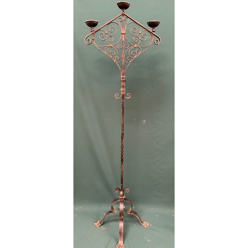 312 - Large vintage floor standing wrought iron candelabra with three sconces - skilled blacksmith work - ... 