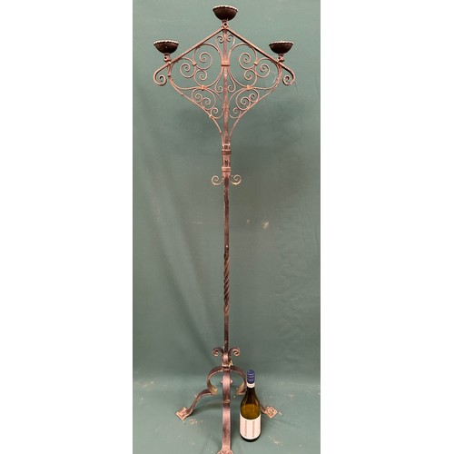 312 - Large vintage floor standing wrought iron candelabra with three sconces - skilled blacksmith work - ... 