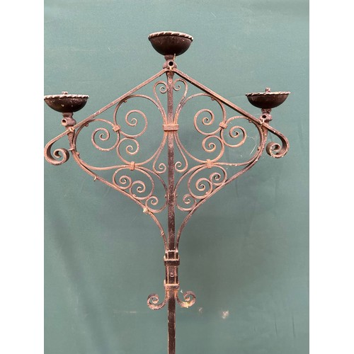 312 - Large vintage floor standing wrought iron candelabra with three sconces - skilled blacksmith work - ... 