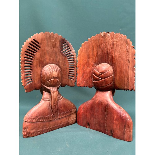 257 - Pair of late 20th Century Indonesian carved hardwood busts of ladies in traditional headdress. 37cm ... 