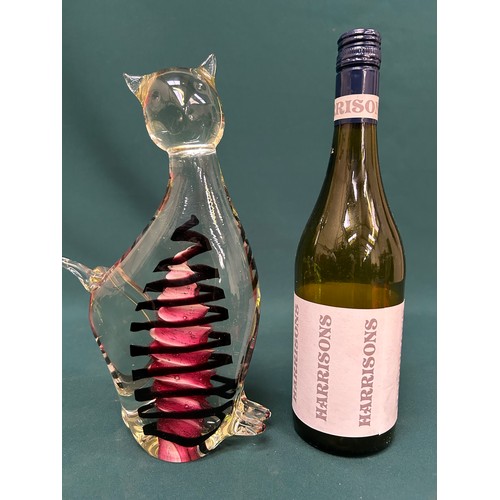 13 - Large and heavy Art Glass cat figure with deep pink cone & spiral design core - possibly by Laguna -... 