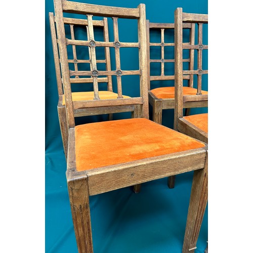 518 - Set of four limed oak dining chairs with lattice backs circa 1920 in the style of Heals or late Arts... 