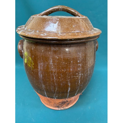 404 - Very large saltglaze terracotta food storage crock - nice slip decoration to the original lid - good... 