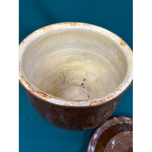 404 - Very large saltglaze terracotta food storage crock - nice slip decoration to the original lid - good... 