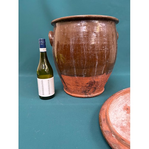 404 - Very large saltglaze terracotta food storage crock - nice slip decoration to the original lid - good... 