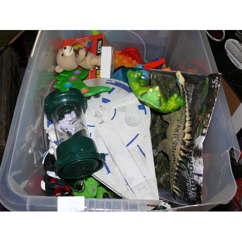 176 - A BOX OF TOYS TO INCLUDE A DEADPOOL FUNKO POP, KAWASAKI MOTORCYCLE, NEW DINOSAUR, PUZZLES ETC