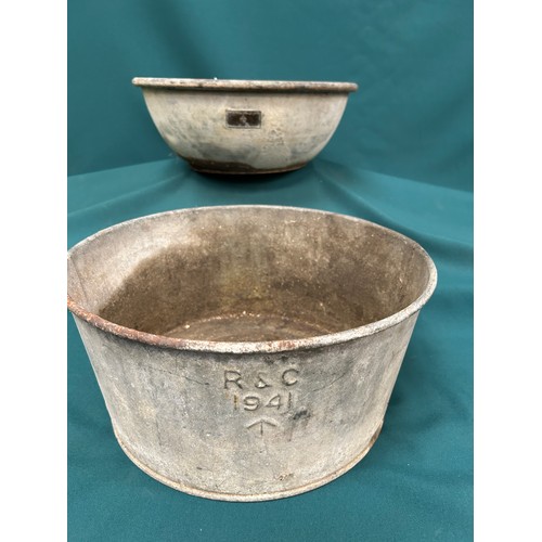 415 - Two ex military galvanised horse feeding bowls, WW2 or before, one dated 1941 with broad arrow mark ... 