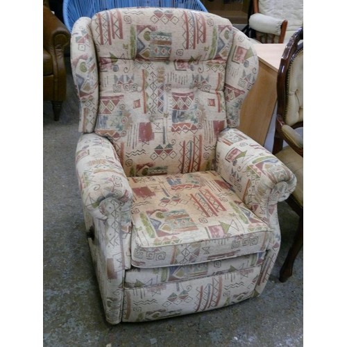 529 - LARGE MANUAL RECLINING ARMCHAIR WITH AZTEC PATTERN UPHOLSTERY