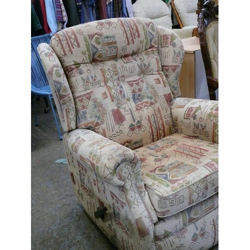 529 - LARGE MANUAL RECLINING ARMCHAIR WITH AZTEC PATTERN UPHOLSTERY