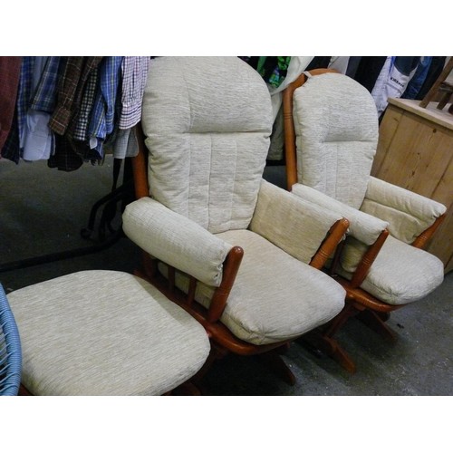 535 - A PAIR OF GOOD QUALITY GLIDER ROCKING CHAIRS BY DUTALIER WITH 1 MATCHING FOOT STOOL