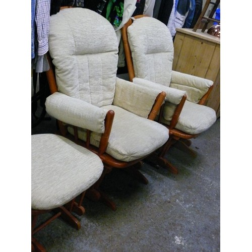 535 - A PAIR OF GOOD QUALITY GLIDER ROCKING CHAIRS BY DUTALIER WITH 1 MATCHING FOOT STOOL