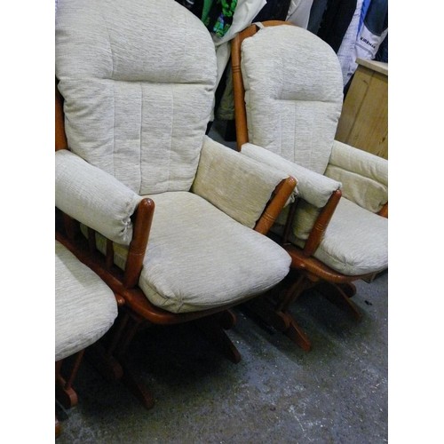 535 - A PAIR OF GOOD QUALITY GLIDER ROCKING CHAIRS BY DUTALIER WITH 1 MATCHING FOOT STOOL