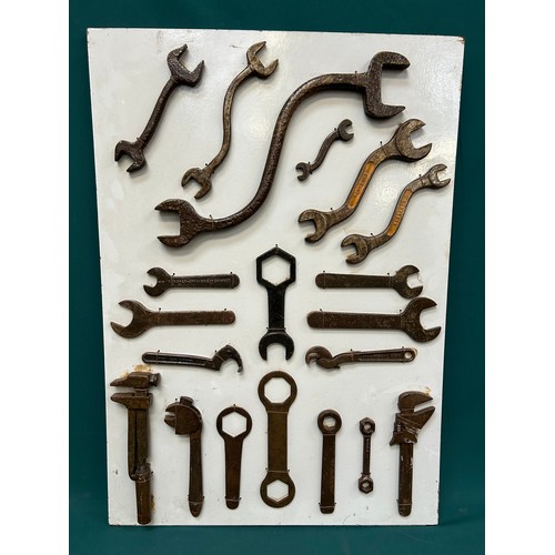 375 - Display with good collection of spanners, wrenches, adjustable wrenches etc. Includes a very large c... 