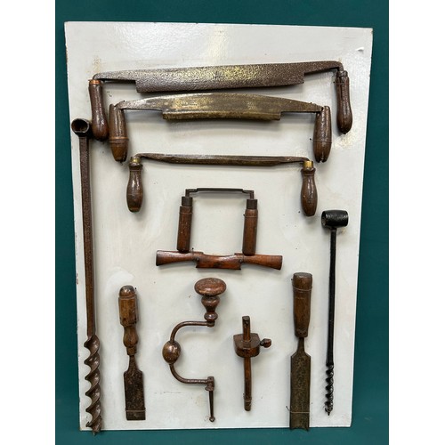 376 - Display board with collection of vintage wood tools including coopers large draw knives 21