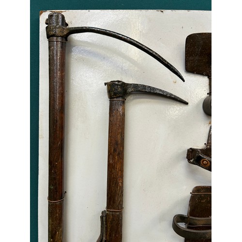 378 - Display board with collection of antique & vintage Gardener's tools to include trowel, hand hoe, boo... 