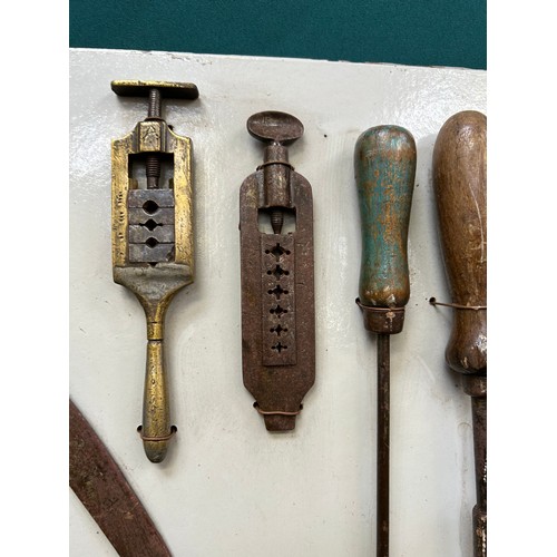 379 - Display board with collection of vintage precision tools engineering etc including wire / thread gau... 