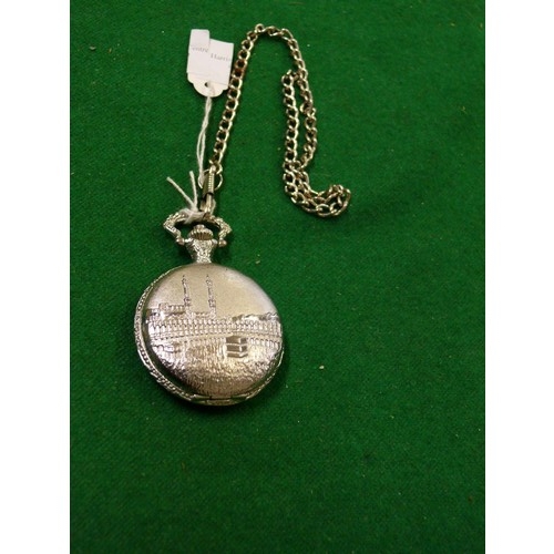 27 - ISLAMIC LOVELY SILVER METAL POCKET /FOB WATCH WITH CHAIN AND PICTURE OF KAABA EID ISLAM MECCA WORKIN... 