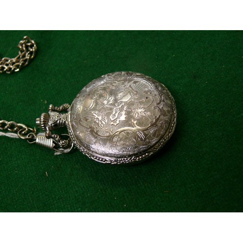 27 - ISLAMIC LOVELY SILVER METAL POCKET /FOB WATCH WITH CHAIN AND PICTURE OF KAABA EID ISLAM MECCA WORKIN... 