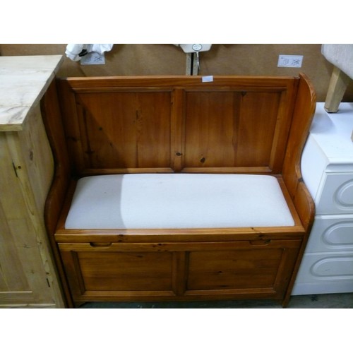 539 - PINE 2 SEAT MONKS BENCH WITH PADDED SEAT AND DROP DOWN CUPBOARD