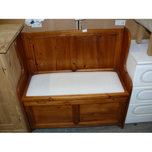 539 - PINE 2 SEAT MONKS BENCH WITH PADDED SEAT AND DROP DOWN CUPBOARD