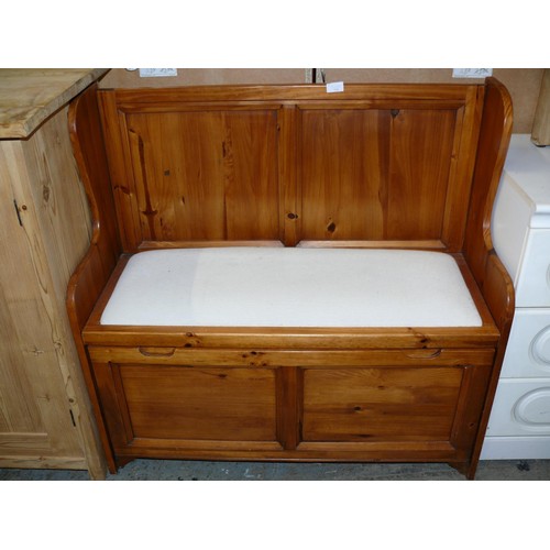 539 - PINE 2 SEAT MONKS BENCH WITH PADDED SEAT AND DROP DOWN CUPBOARD