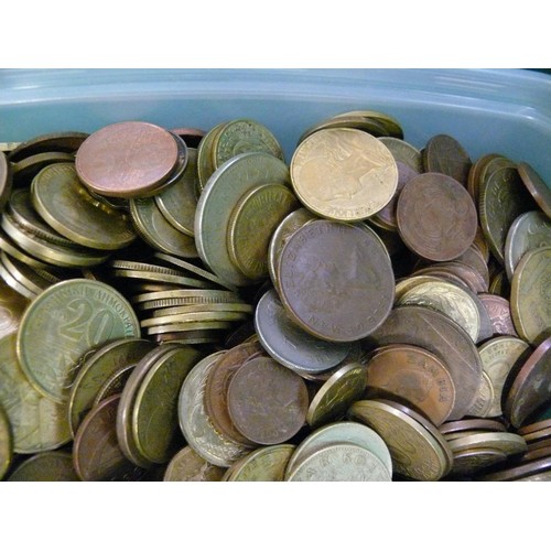 42 - 3 PLASTIC TUBS OF FOREIGN COINS A LARGE 
QUANTITY